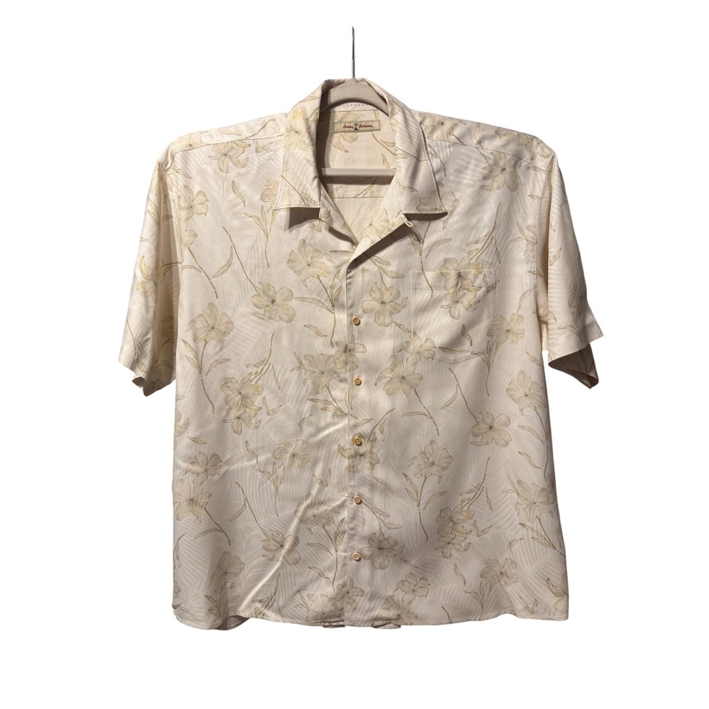 Tommy Bahama XXL Silk Floral Camp Shirt Beige Tropical Vacation